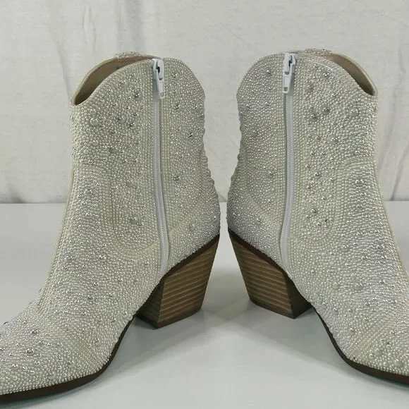 Betsey Johnson Emory Pearl Rhinestone Western Cowboy Boot Bridal Blue Sole 6.5 - Picture 3 of 8